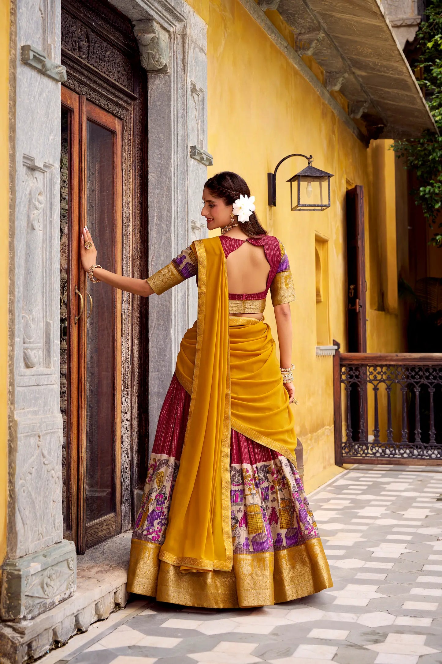 Red Chanderi Lehenga Choli With Kalamkari Print & Zari Weaving Work