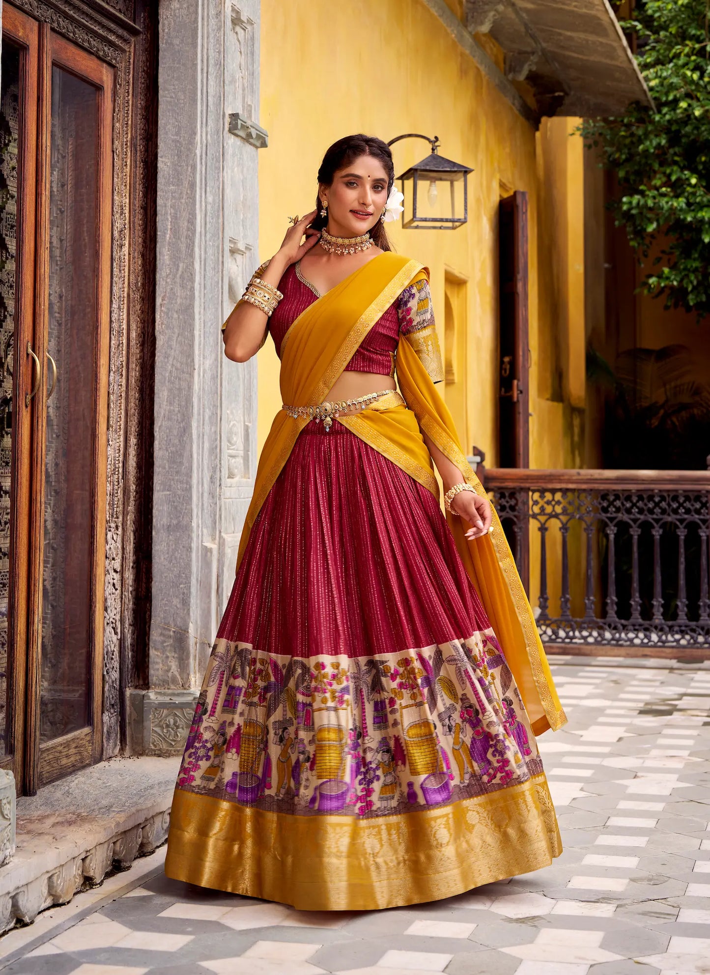 Red Chanderi Lehenga Choli With Kalamkari Print & Zari Weaving Work