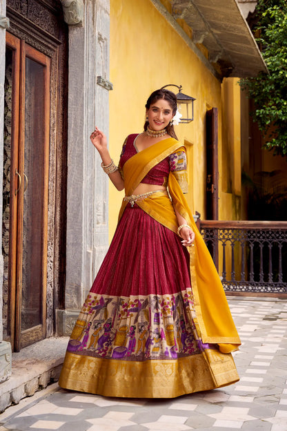 Red Chanderi Lehenga Choli With Kalamkari Print & Zari Weaving Work