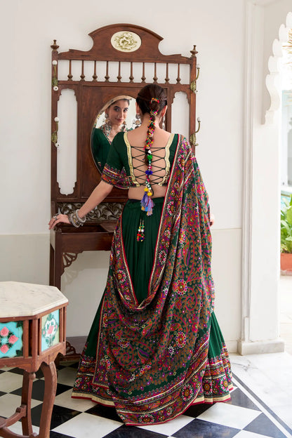 Green Tasar Silk Navratri Lehenga Choli With Gamthi Print & Lace Touch Up