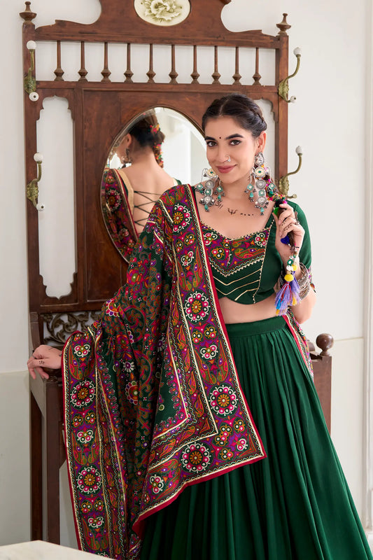 Green Tasar Silk Navratri Lehenga Choli With Gamthi Print & Lace Touch Up