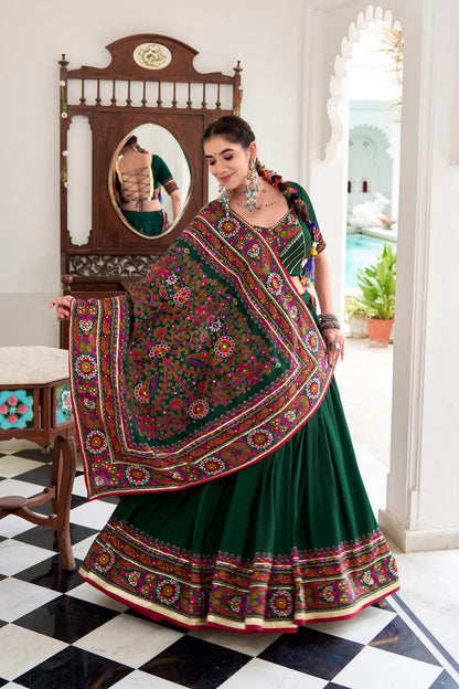 Green Tasar Silk Navratri Lehenga Choli With Gamthi Print & Lace Touch Up