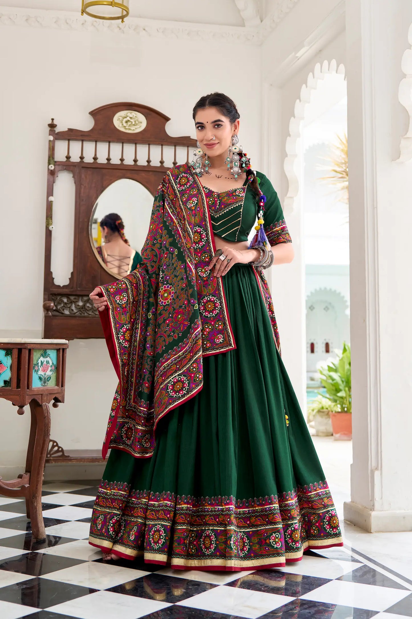 Green Tasar Silk Navratri Lehenga Choli With Gamthi Print & Lace Touch Up