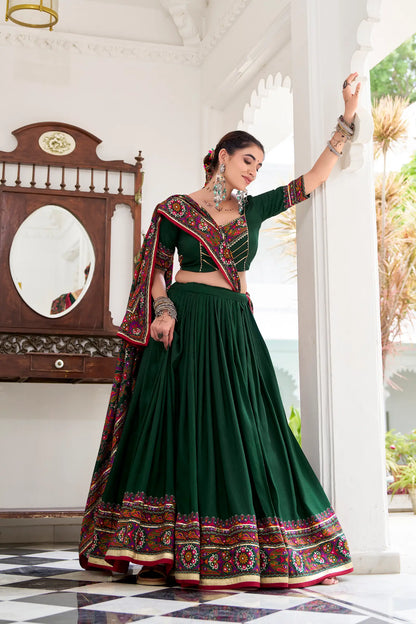 Green Tasar Silk Navratri Lehenga Choli With Gamthi Print & Lace Touch Up