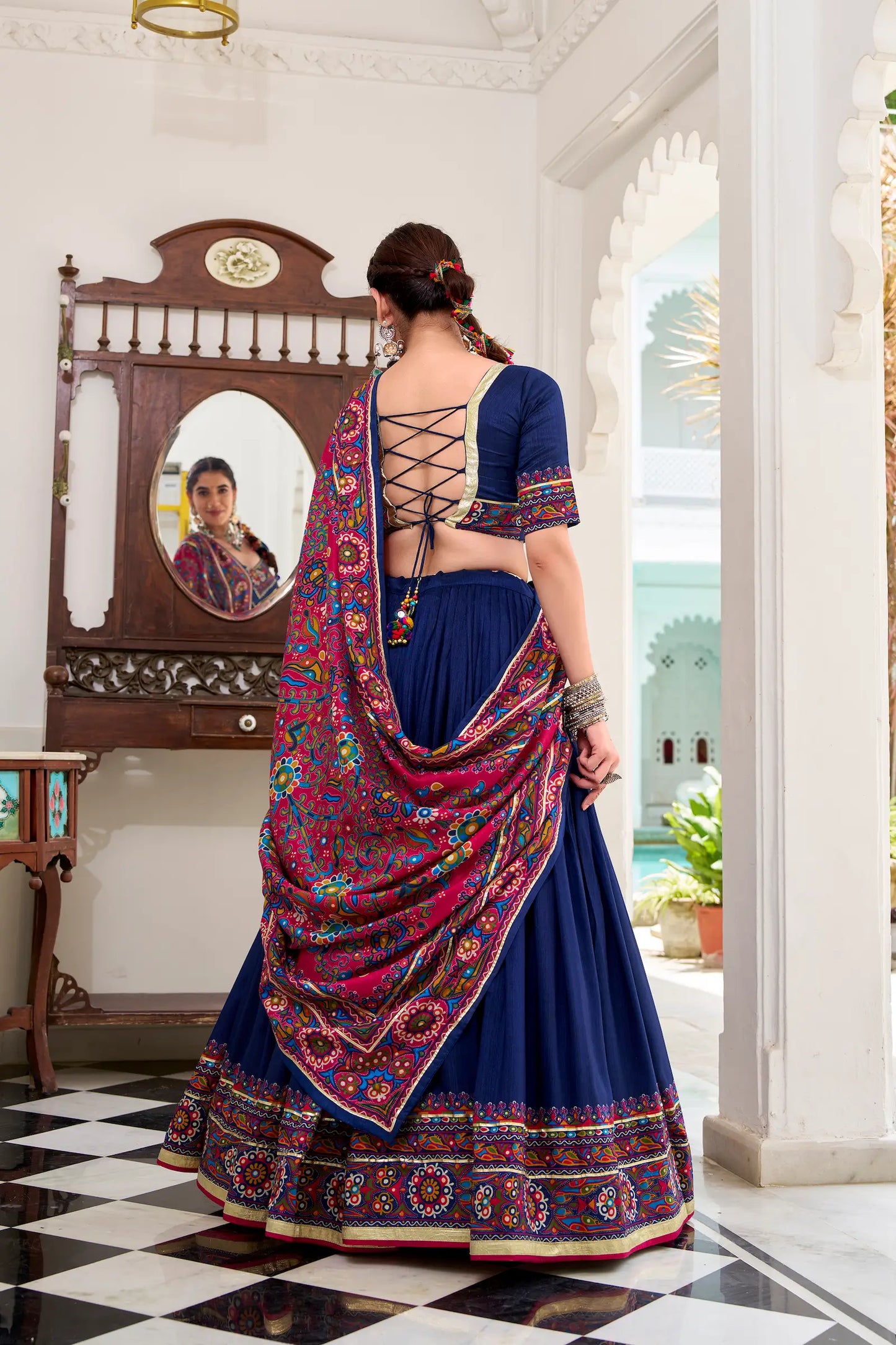 Navy Blue Tasar Silk Navratri Lehenga Choli With Gamthi Print & Lace Touch Up