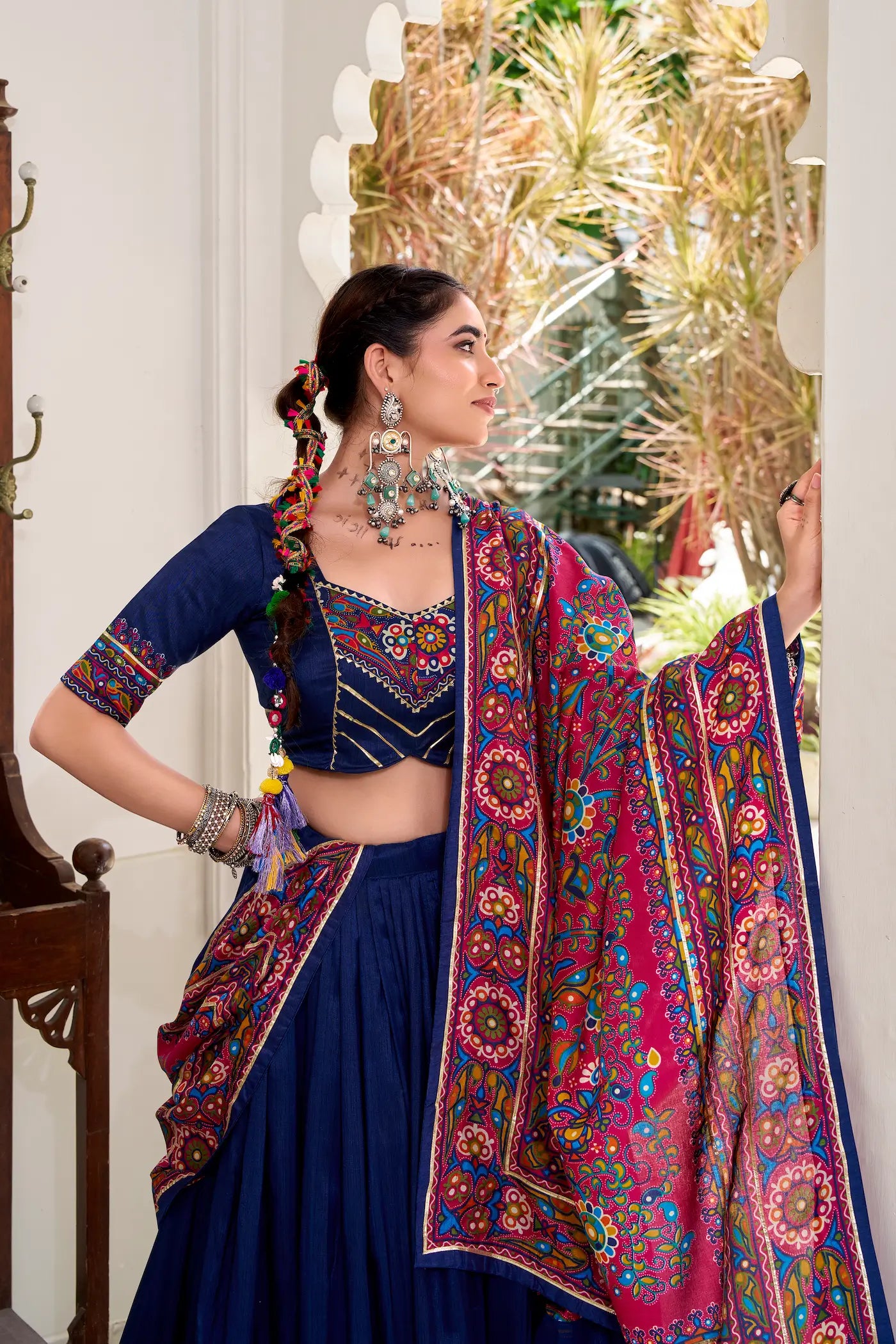 Navy Blue Tasar Silk Navratri Lehenga Choli With Gamthi Print & Lace Touch Up