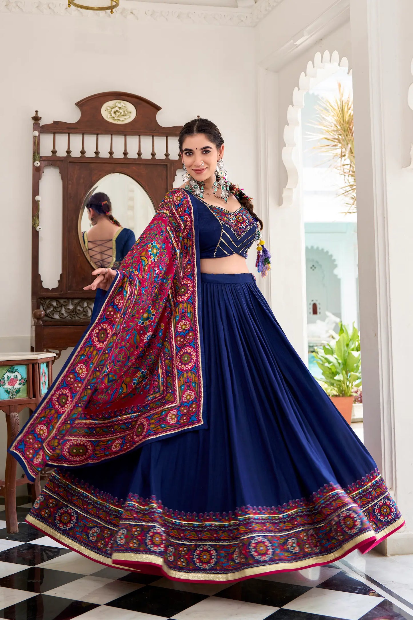 Navy Blue Tasar Silk Navratri Lehenga Choli With Gamthi Print & Lace Touch Up