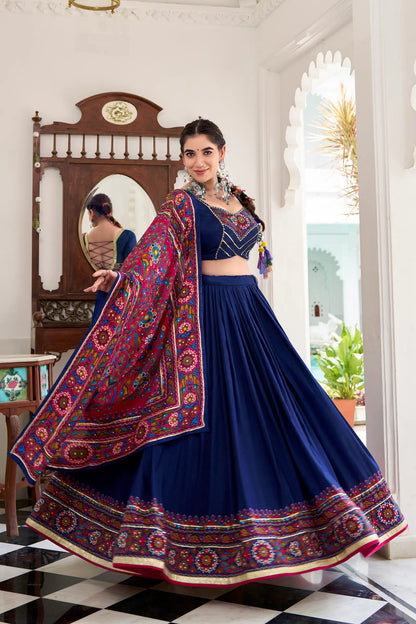 Navy Blue Tasar Silk Navratri Lehenga Choli With Gamthi Print & Lace Touch Up