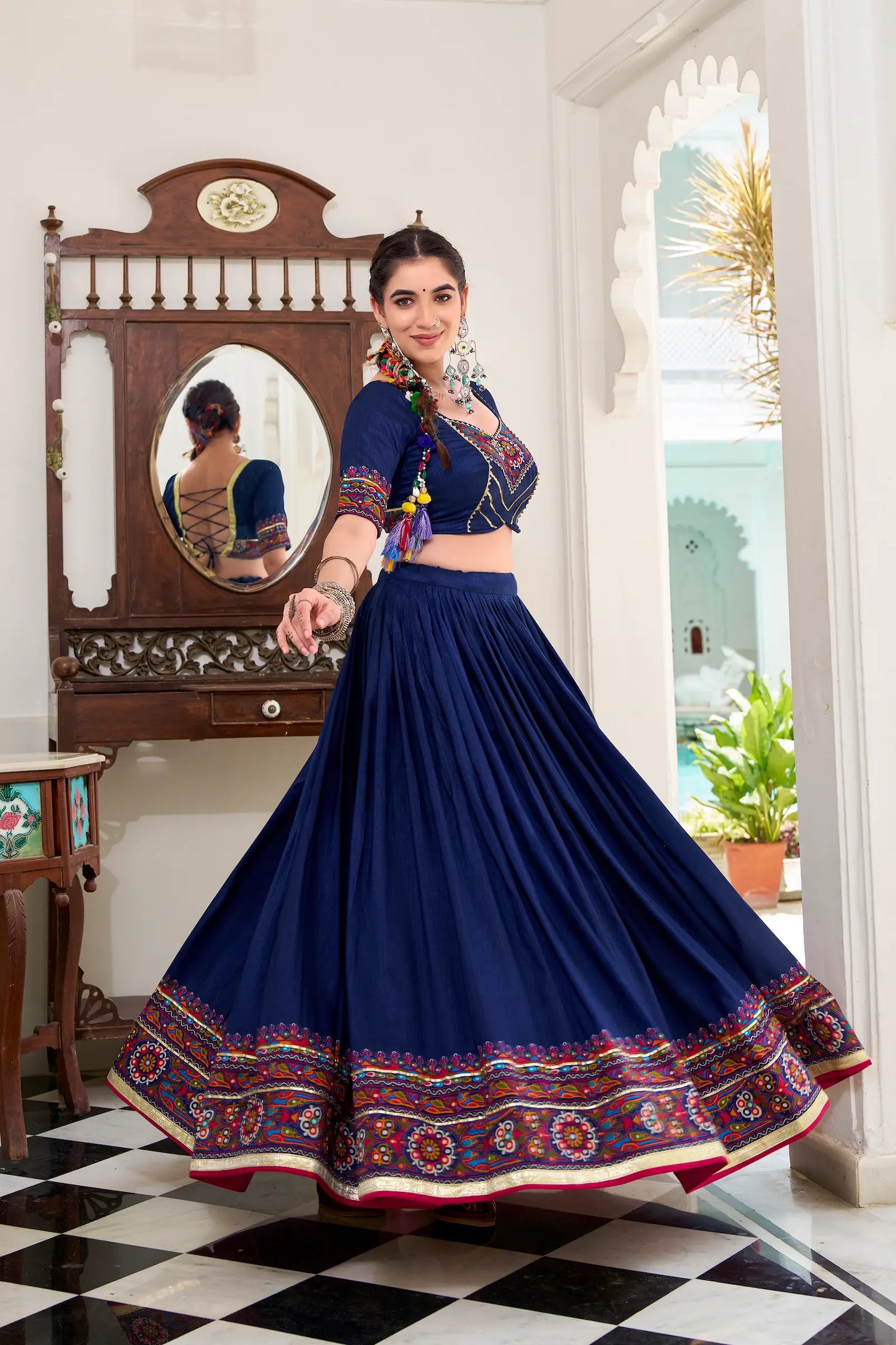 Navy Blue Tasar Silk Navratri Lehenga Choli With Gamthi Print & Lace Touch Up