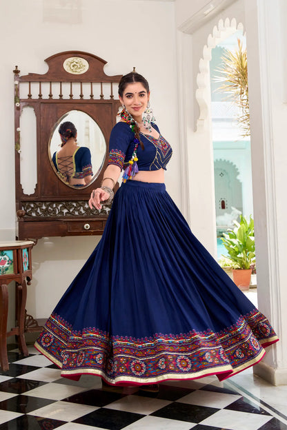 Navy Blue Tasar Silk Navratri Lehenga Choli With Gamthi Print & Lace Touch Up