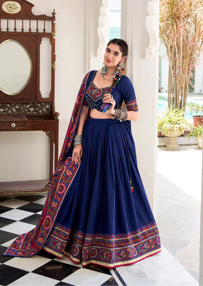 Navy Blue Tasar Silk Navratri Lehenga Choli With Gamthi Print & Lace Touch Up