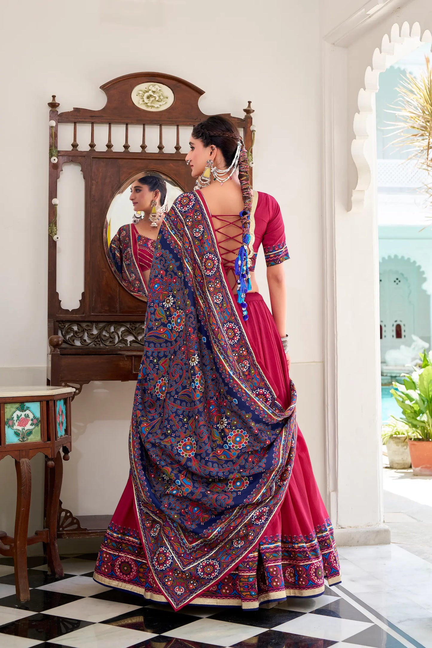 Dark Pink Tasar Silk Navratri Lehenga Choli With Gamthi Print & Lace Touch Up