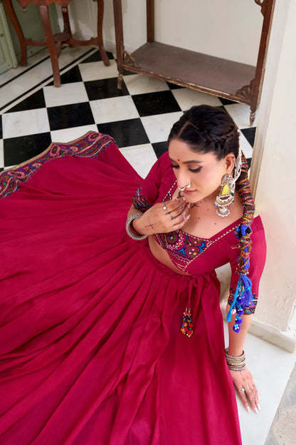 Dark Pink Tasar Silk Navratri Lehenga Choli With Gamthi Print & Lace Touch Up