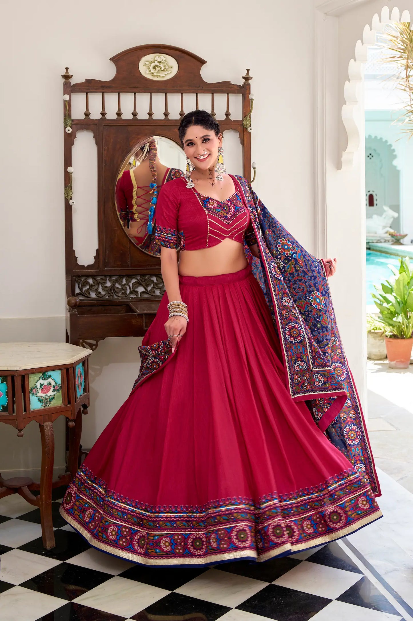 Dark Pink Tasar Silk Navratri Lehenga Choli With Gamthi Print & Lace Touch Up