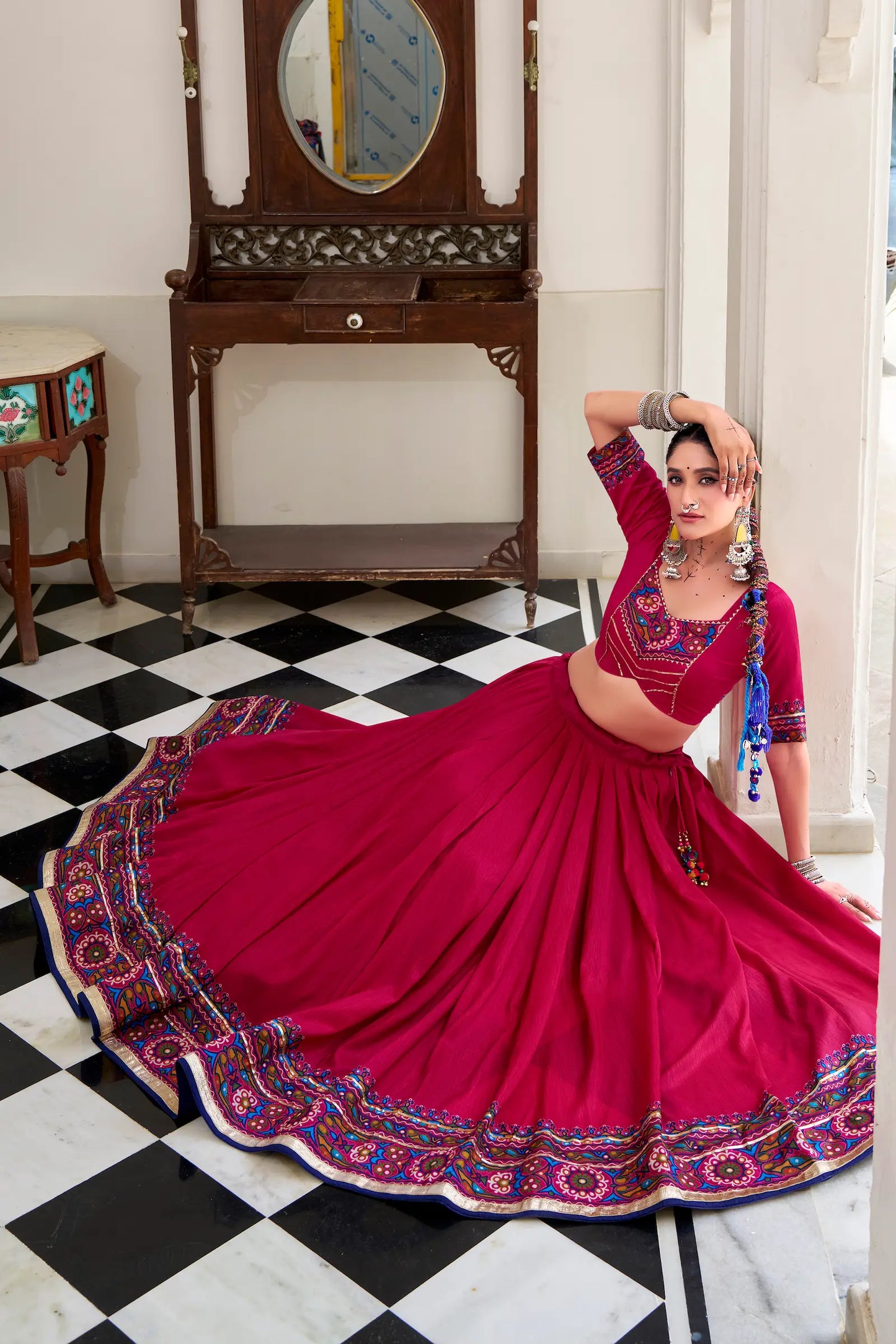 Dark Pink Tasar Silk Navratri Lehenga Choli With Gamthi Print & Lace Touch Up