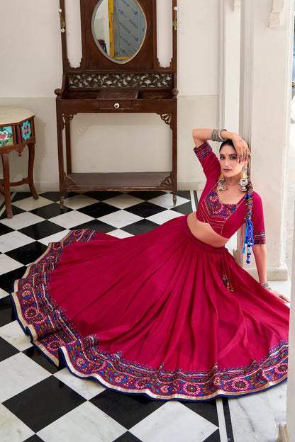 Dark Pink Tasar Silk Navratri Lehenga Choli With Gamthi Print & Lace Touch Up