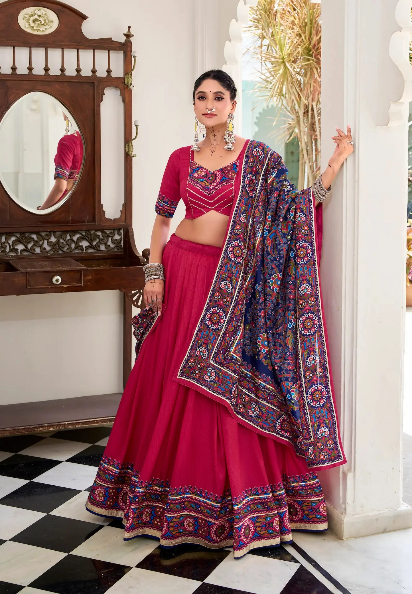 Dark Pink Tasar Silk Navratri Lehenga Choli With Gamthi Print & Lace Touch Up