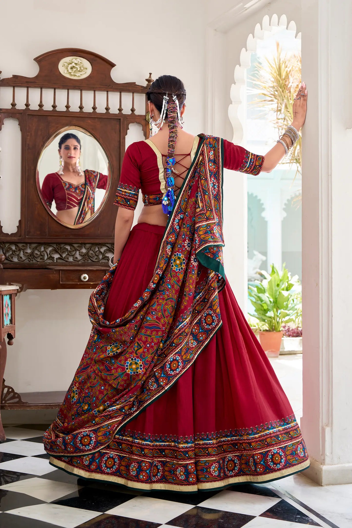 Red Tasar Silk Navratri Lehenga Choli With Gamthi Print & Lace Touch Up