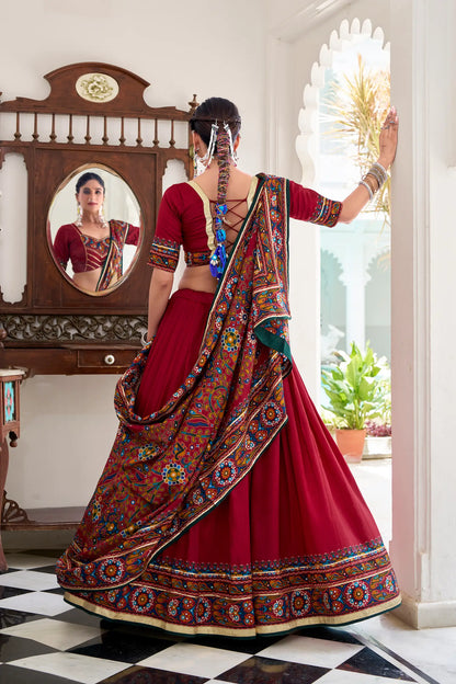 Red Tasar Silk Navratri Lehenga Choli With Gamthi Print & Lace Touch Up