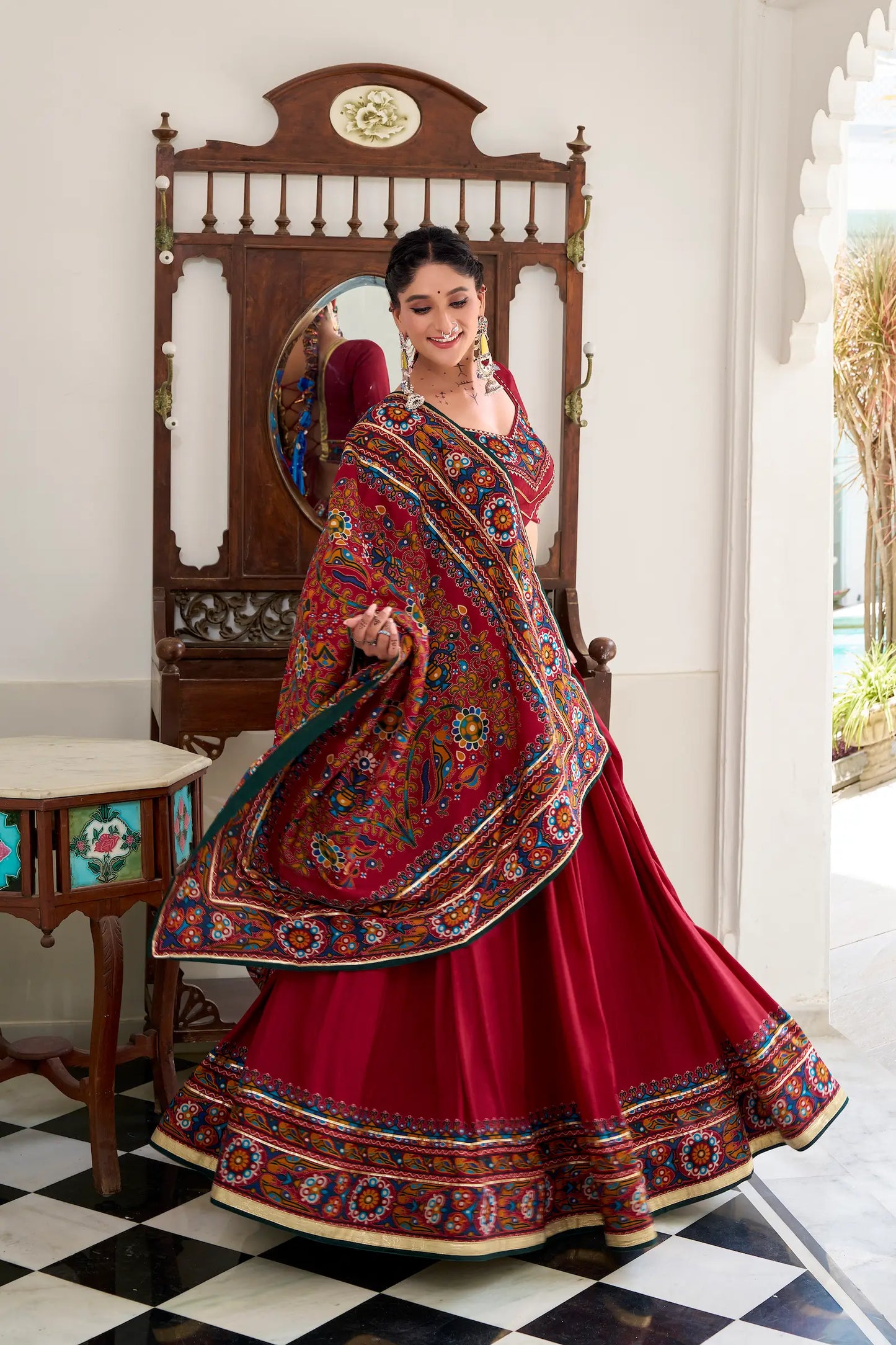 Red Tasar Silk Navratri Lehenga Choli With Gamthi Print & Lace Touch Up