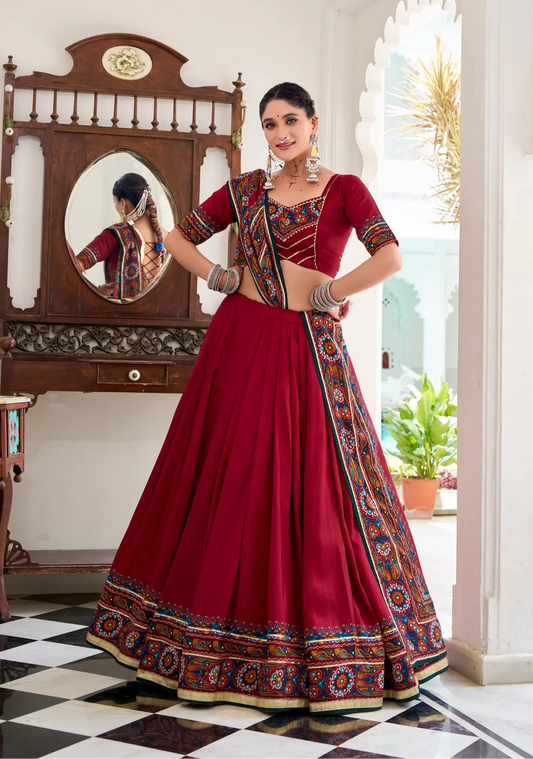 Red Tasar Silk Navratri Lehenga Choli With Gamthi Print & Lace Touch Up
