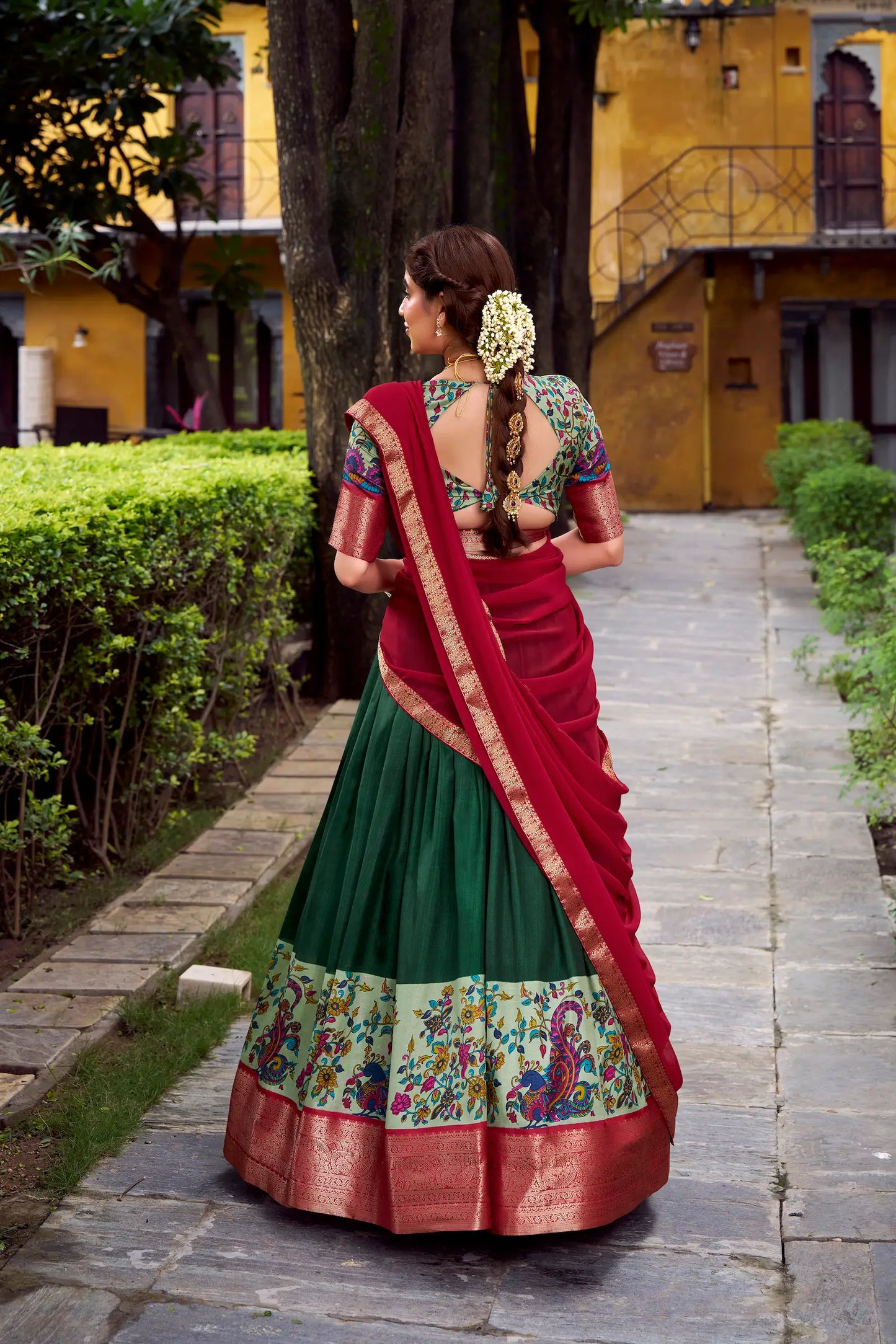 Dark Green Printed & Zari Weaving Silk Lehenga Choli