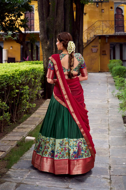 Dark Green Printed & Zari Weaving Silk Lehenga Choli
