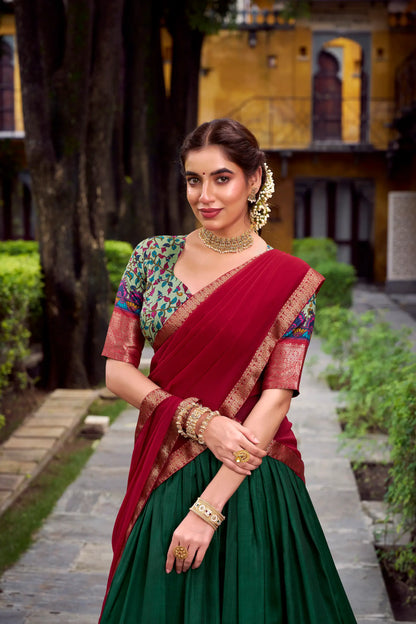 Dark Green Printed & Zari Weaving Silk Lehenga Choli