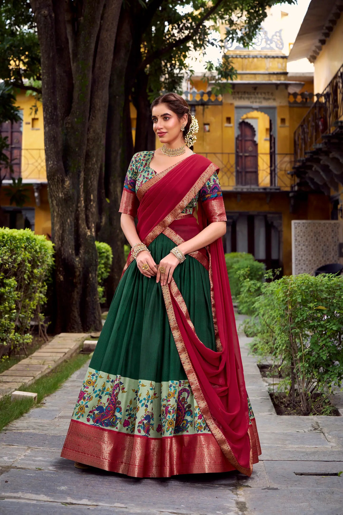 Dark Green Printed & Zari Weaving Silk Lehenga Choli
