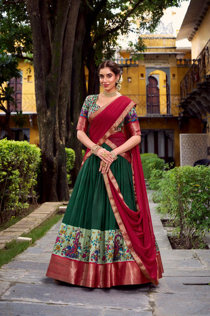 Dark Green Printed & Zari Weaving Silk Lehenga Choli
