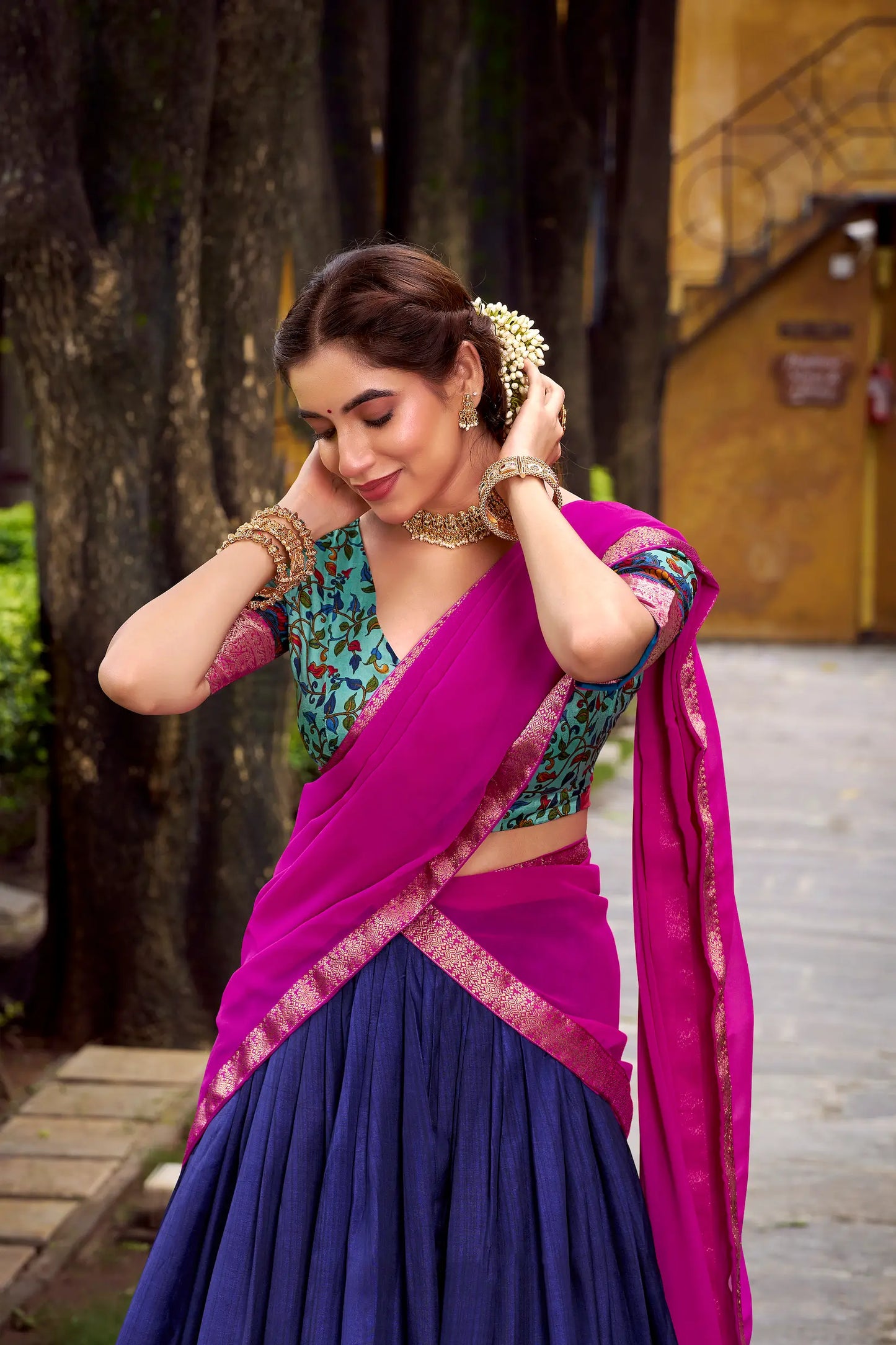 Navy Blue Printed & Zari Weaving Silk Lehenga Choli