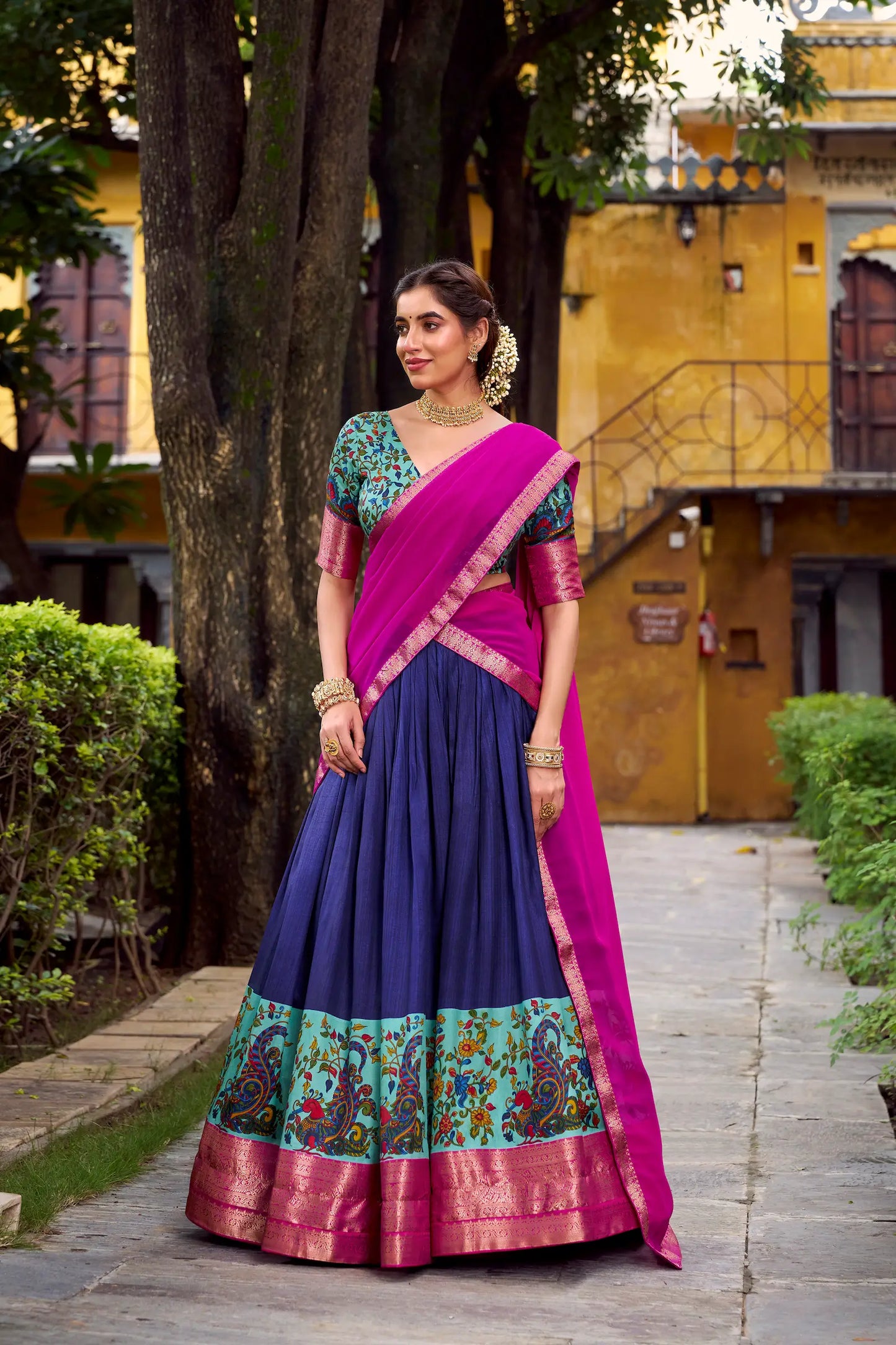 Navy Blue Printed & Zari Weaving Silk Lehenga Choli