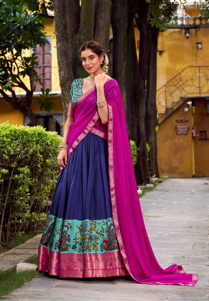 Navy Blue Printed & Zari Weaving Silk Lehenga Choli