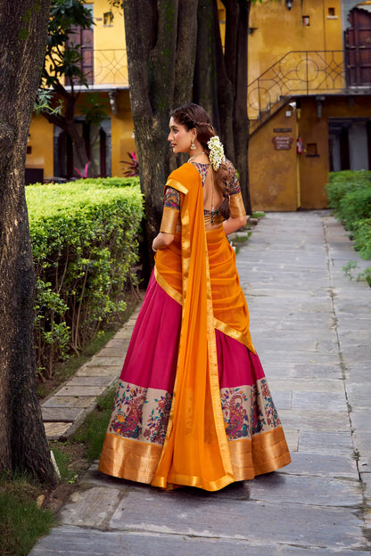 Hot Pink Printed & Zari Weaving Silk Lehenga Choli