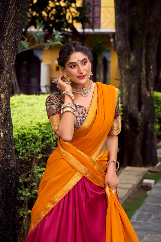 Hot Pink Printed & Zari Weaving Silk Lehenga Choli