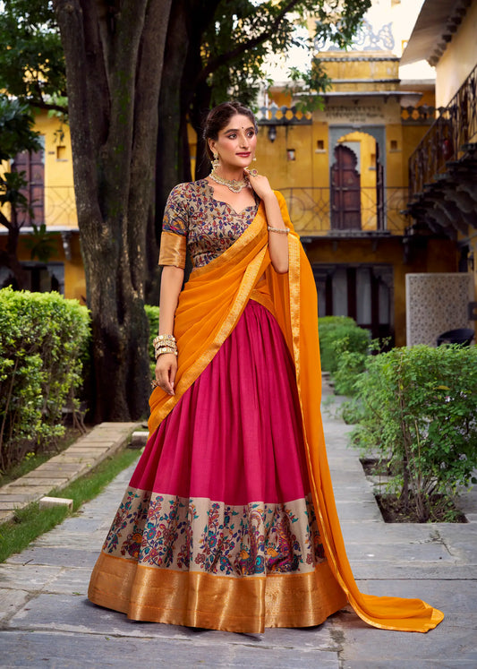Hot Pink Printed & Zari Weaving Silk Lehenga Choli
