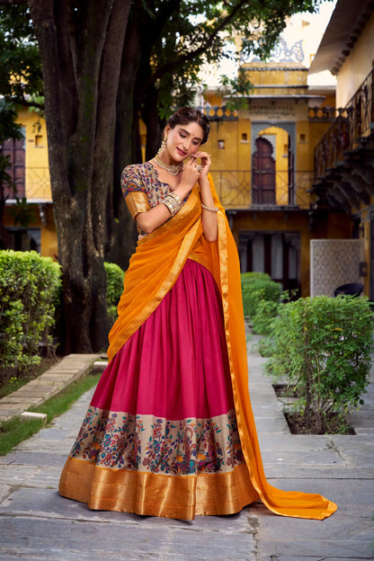 Hot Pink Printed & Zari Weaving Silk Lehenga Choli