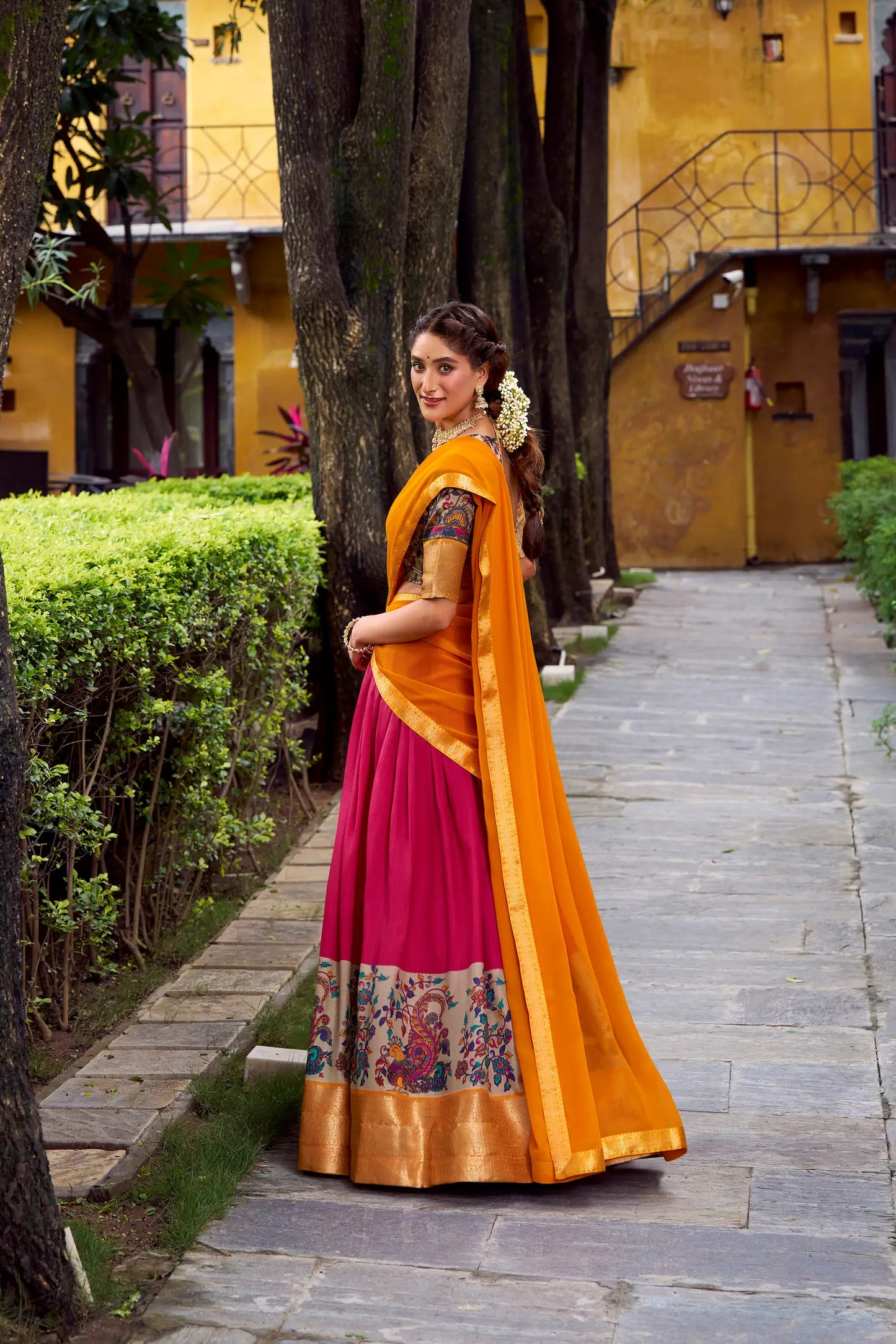 Hot Pink Printed & Zari Weaving Silk Lehenga Choli