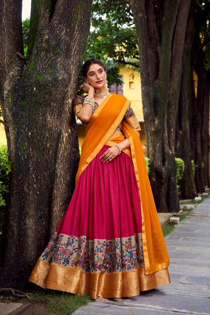Hot Pink Printed & Zari Weaving Silk Lehenga Choli