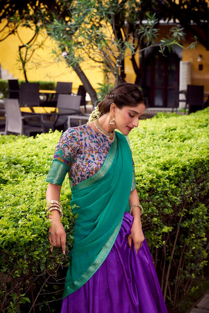 Indigo Purple Printed & Zari Weaving Silk Lehenga Choli