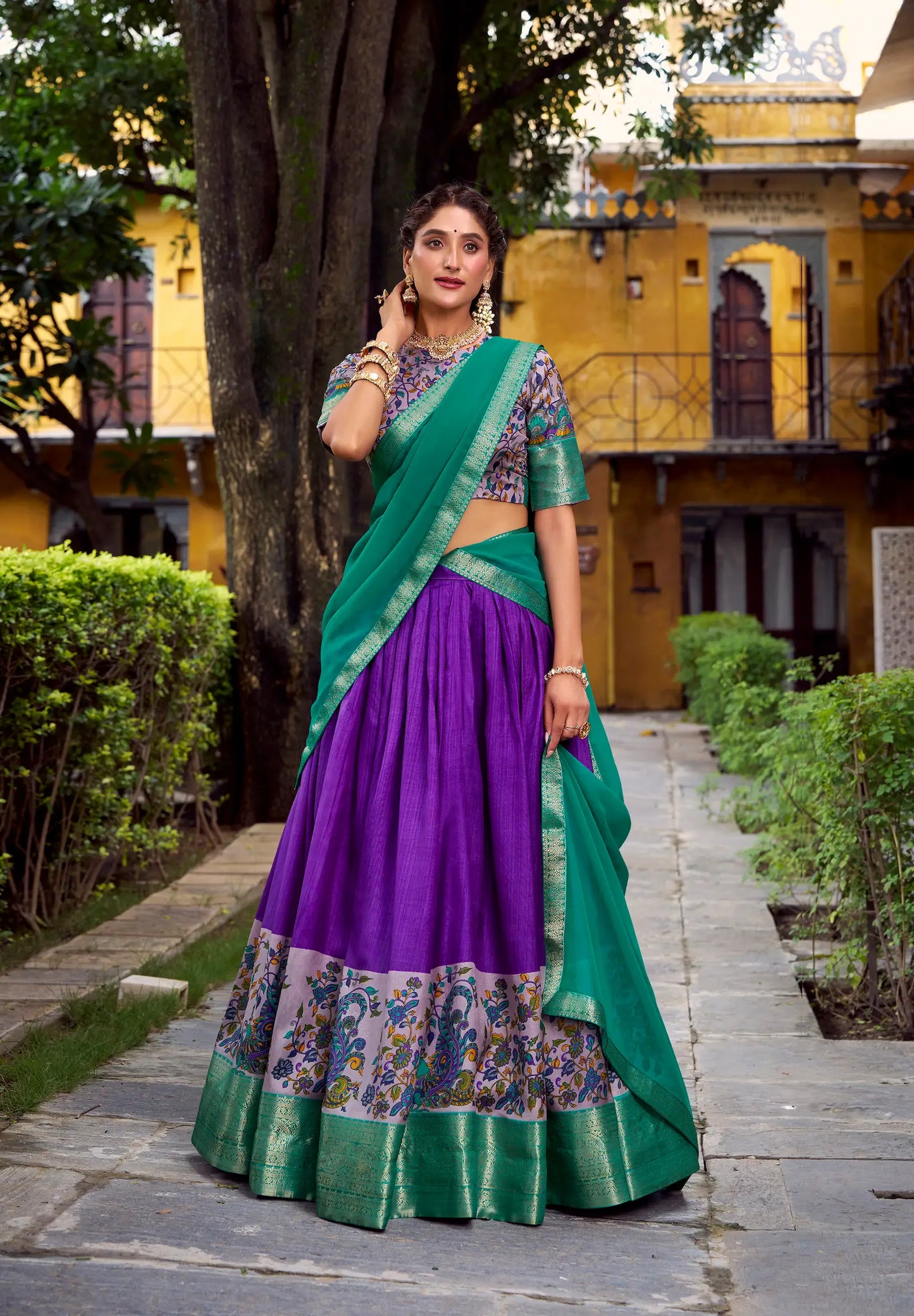 Indigo Purple Printed & Zari Weaving Silk Lehenga Choli