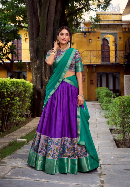 Indigo Purple Printed & Zari Weaving Silk Lehenga Choli