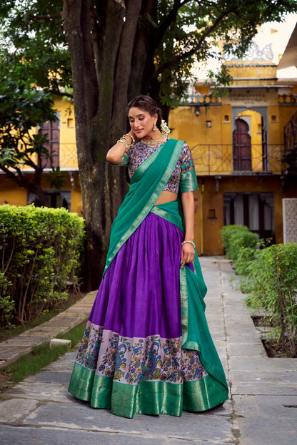 Indigo Purple Printed & Zari Weaving Silk Lehenga Choli