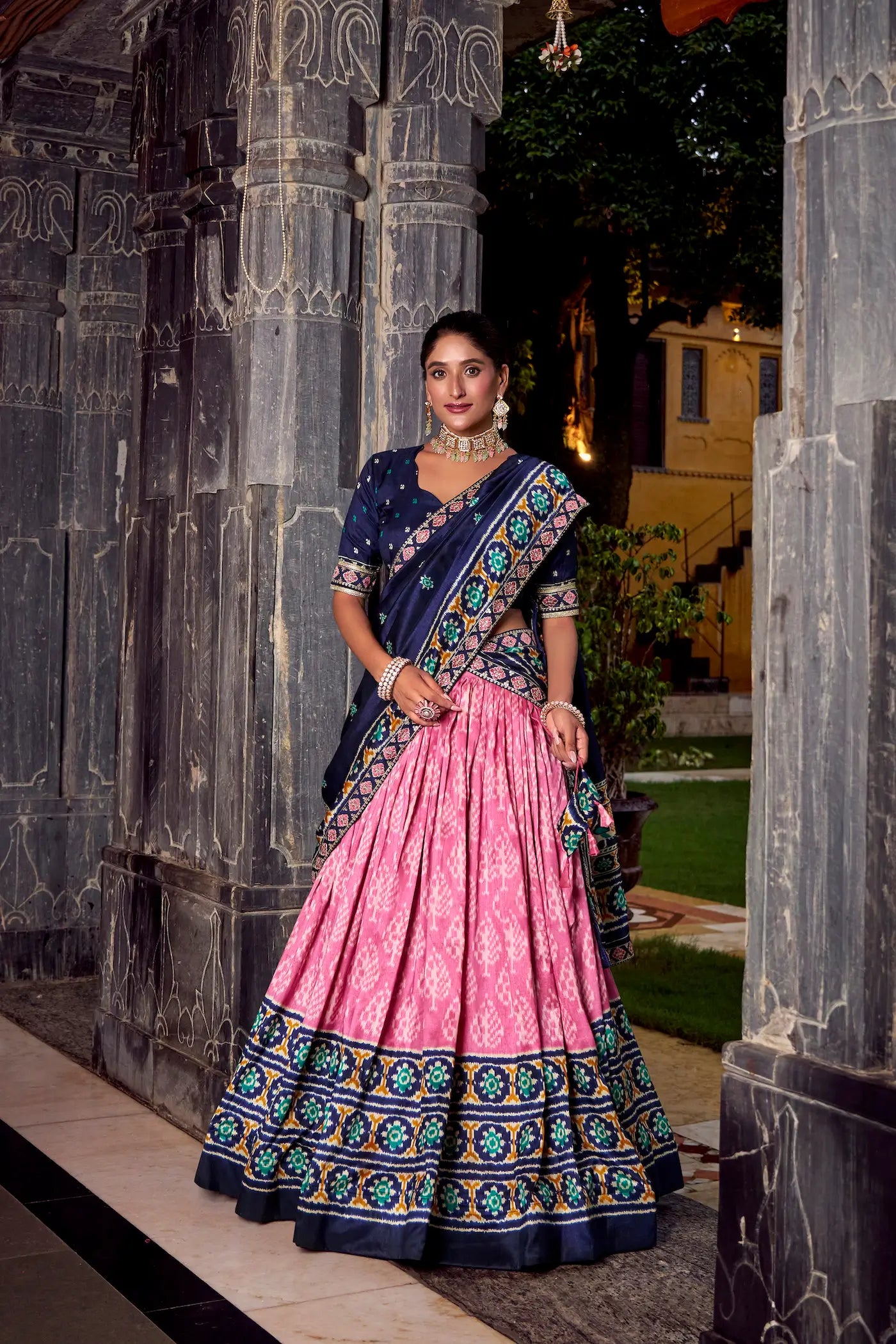Light Pink Tussar Silk Ikkat Printed Lehenga Choli