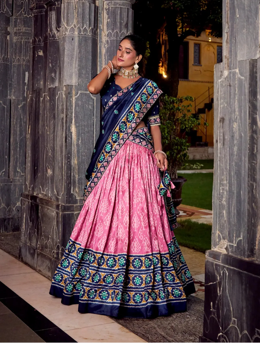 Light Pink Tussar Silk Ikkat Printed Lehenga Choli