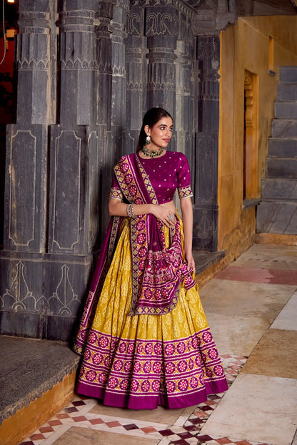 Mustard Yellow Tussar Silk Ikkat Printed Lehenga Choli