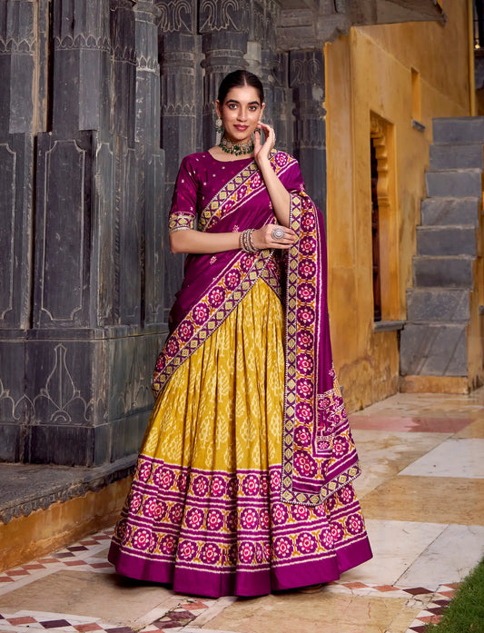 Mustard Yellow Tussar Silk Ikkat Printed Lehenga Choli