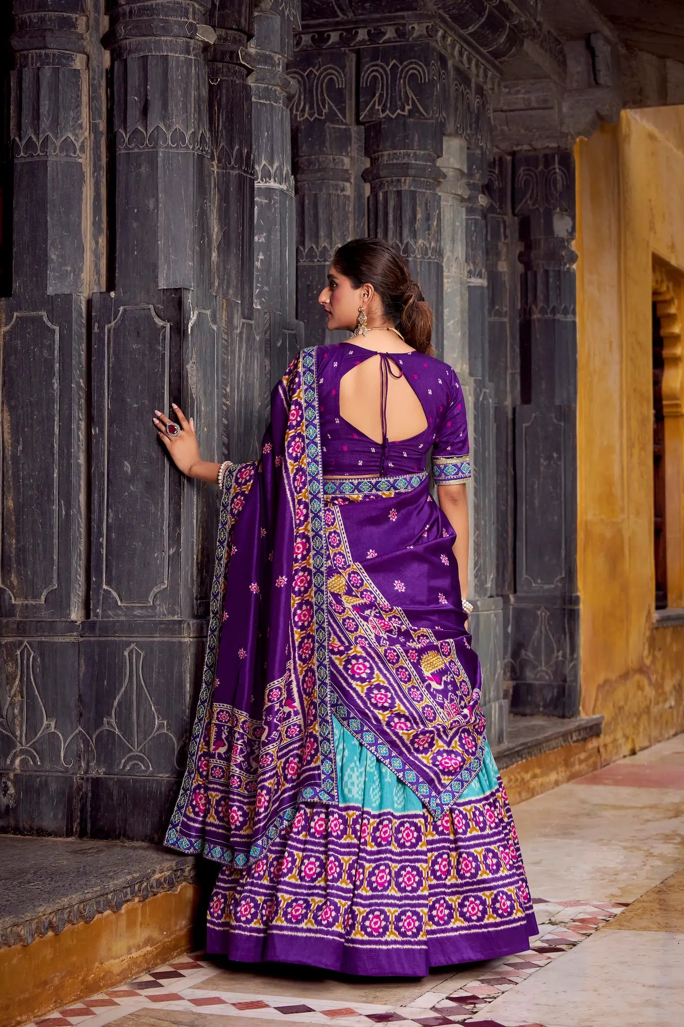 Sea Blue Tussar Silk Ikkat Printed Lehenga Choli