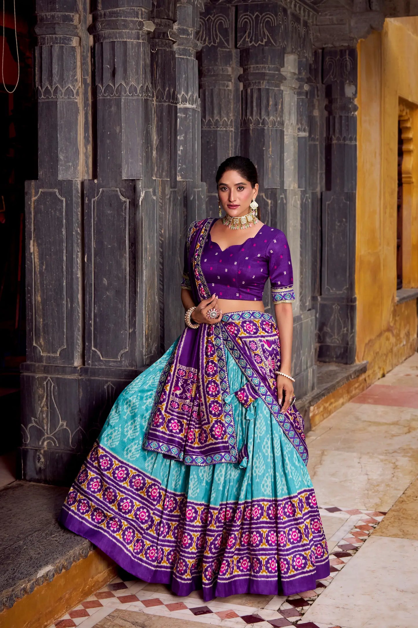 Sea Blue Tussar Silk Ikkat Printed Lehenga Choli