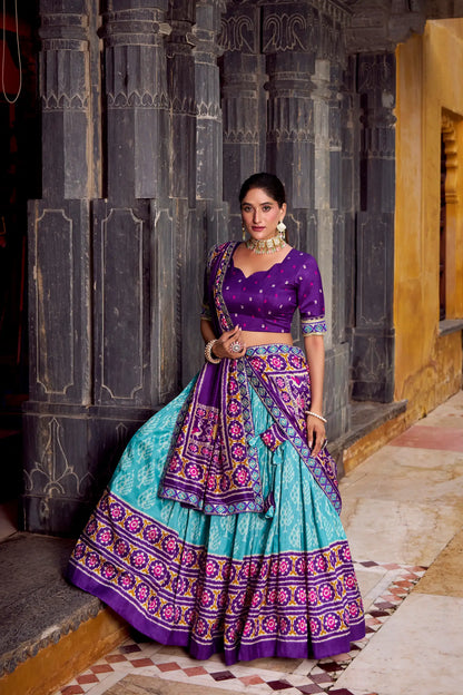 Sea Blue Tussar Silk Ikkat Printed Lehenga Choli